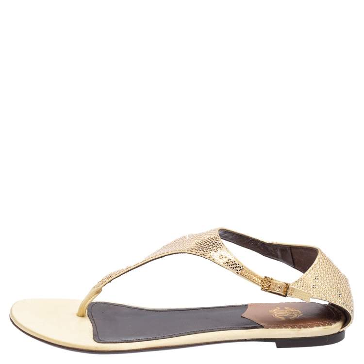 Pre Owned Roberto Cavalli Yellow Sequin and Satin Thong Ankle Strap Flat Sandals Size 39