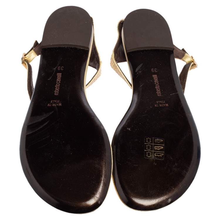 Pre Owned Roberto Cavalli Yellow Sequin and Satin Thong Ankle Strap Flat Sandals Size 39