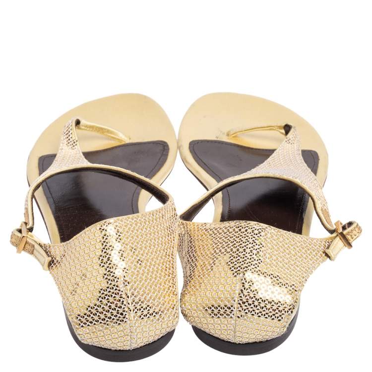 Pre Owned Roberto Cavalli Yellow Sequin and Satin Thong Ankle Strap Flat Sandals Size 39