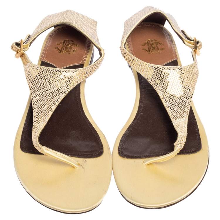 Pre Owned Roberto Cavalli Yellow Sequin and Satin Thong Ankle Strap Flat Sandals Size 39