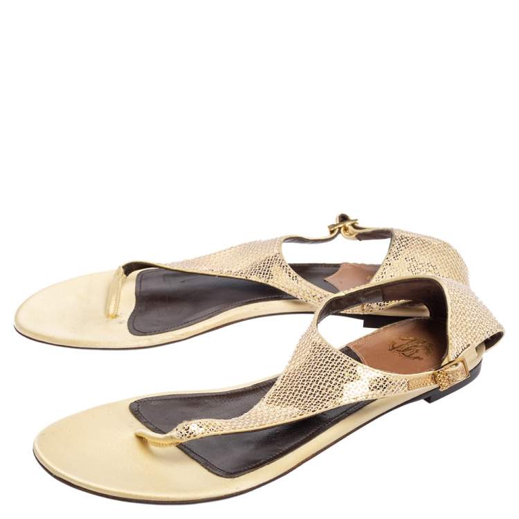 Pre Owned Roberto Cavalli Yellow Sequin and Satin Thong Ankle Strap Flat Sandals Size 39
