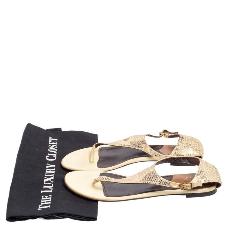 Pre Owned Roberto Cavalli Yellow Sequin and Satin Thong Ankle Strap Flat Sandals Size 39