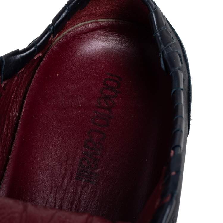 Pre Owned Roberto Cavalli Navy Blue Leather Whip Stitched Sip On Sneakers Size 41