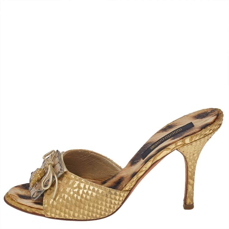 Pre Owned Roberto Cavalli Gold Python Embossed Leather Embellished Slide Sandals Size 37.5