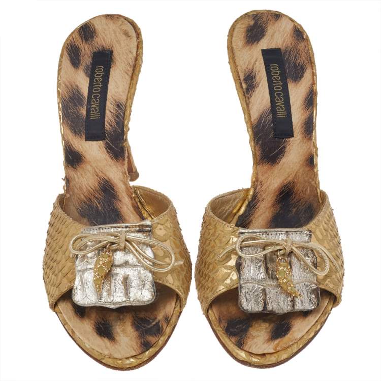 Pre Owned Roberto Cavalli Gold Python Embossed Leather Embellished Slide Sandals Size 37.5