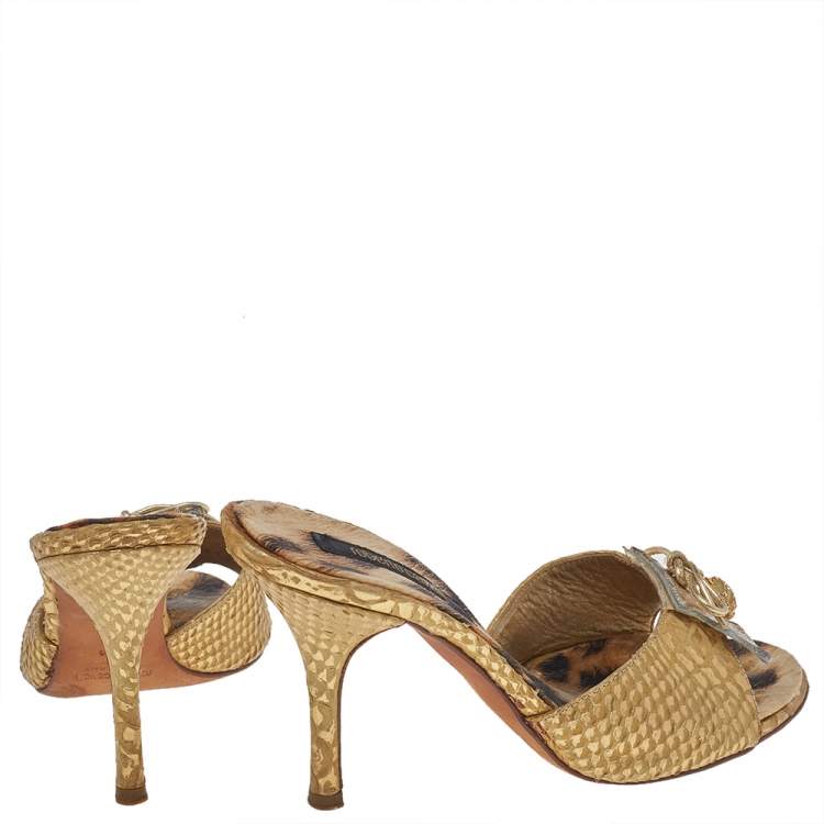 Pre Owned Roberto Cavalli Gold Python Embossed Leather Embellished Slide Sandals Size 37.5