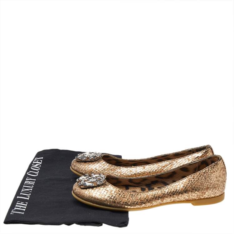 Pre Owned Roberto Cavalli Metallic Gold Python Embossed Leather Logo Embellished Ballet Flats Size 36