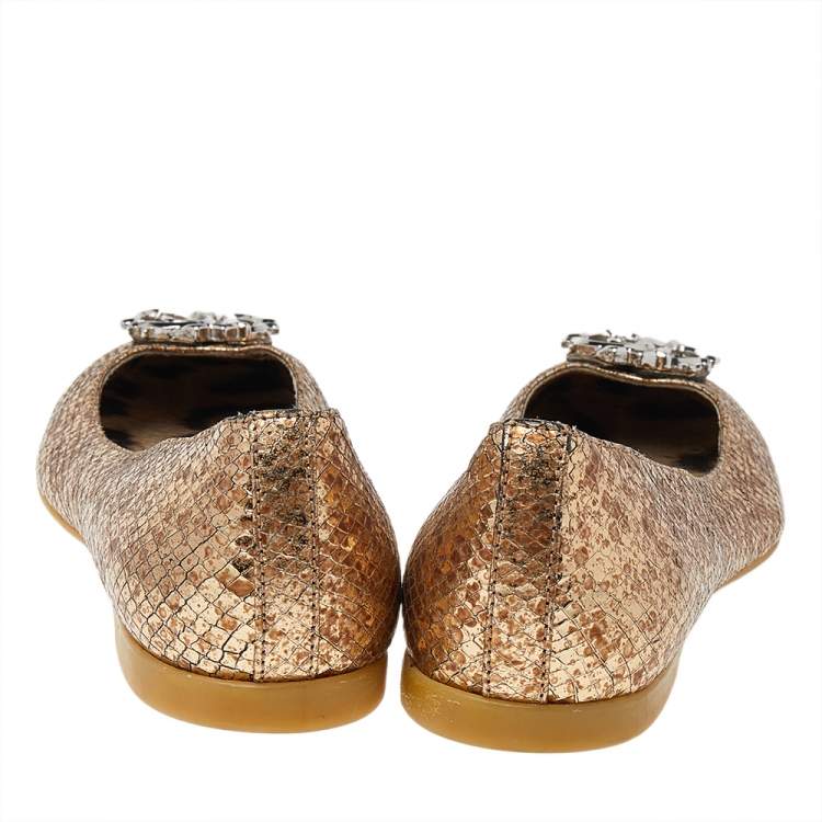 Pre Owned Roberto Cavalli Metallic Gold Python Embossed Leather Logo Embellished Ballet Flats Size 36
