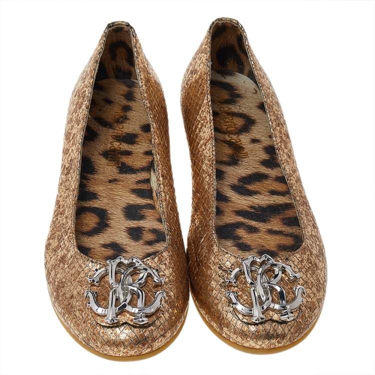 Pre Owned Roberto Cavalli Metallic Gold Python Embossed Leather Logo Embellished Ballet Flats Size 36