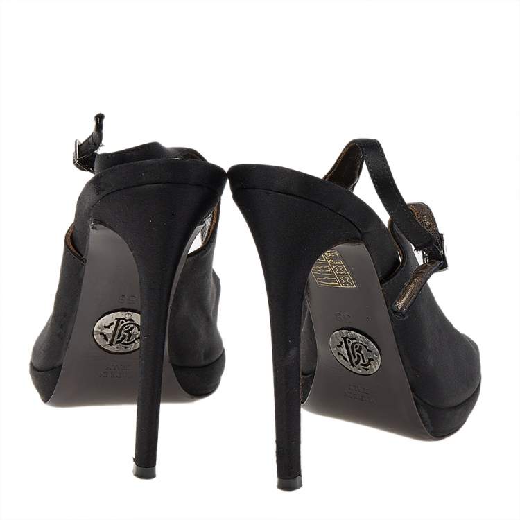 Pre Owned Roberto Cavalli Black Satin Slingback Peep Toe Sandals Size 38