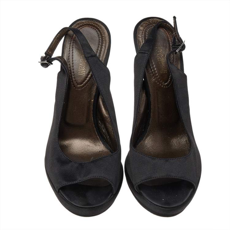Pre Owned Roberto Cavalli Black Satin Slingback Peep Toe Sandals Size 38