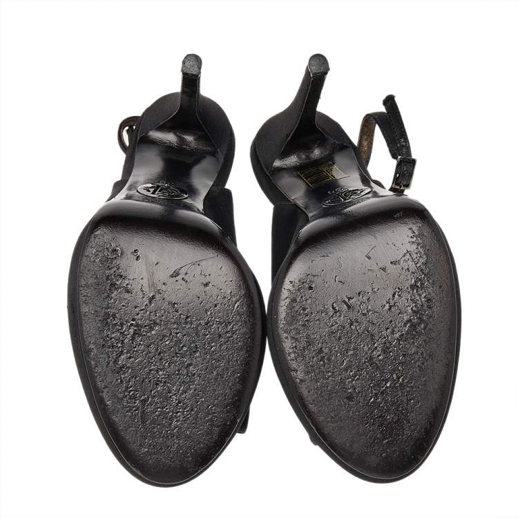 Pre Owned Roberto Cavalli Black Satin Slingback Peep Toe Sandals Size 38