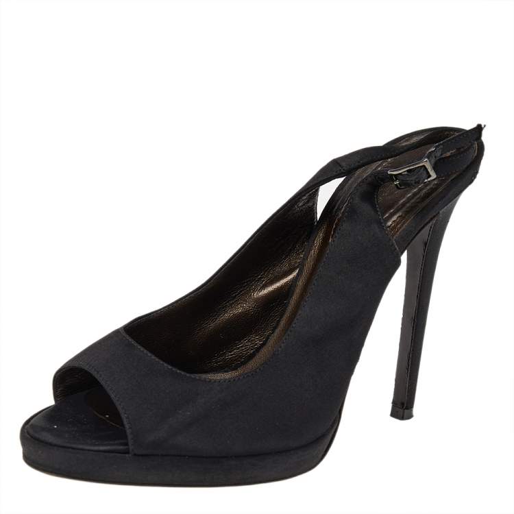 Pre Owned Roberto Cavalli Black Satin Slingback Peep Toe Sandals Size 38