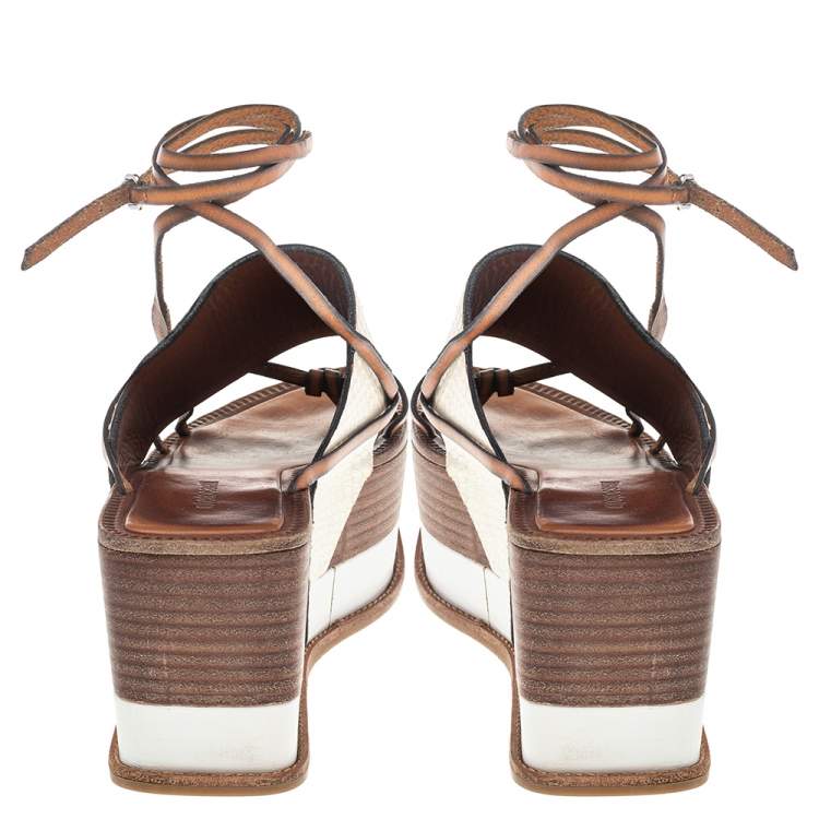 Pre Owned Roberto Cavalli Cream Python Wedge Platform Ankle Wrap Sandals Size 38.5