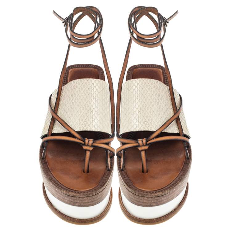 Pre Owned Roberto Cavalli Cream Python Wedge Platform Ankle Wrap Sandals Size 38.5