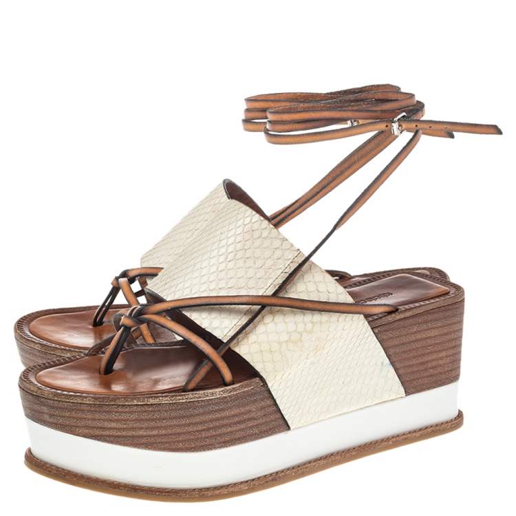 Pre Owned Roberto Cavalli Cream Python Wedge Platform Ankle Wrap Sandals Size 38.5