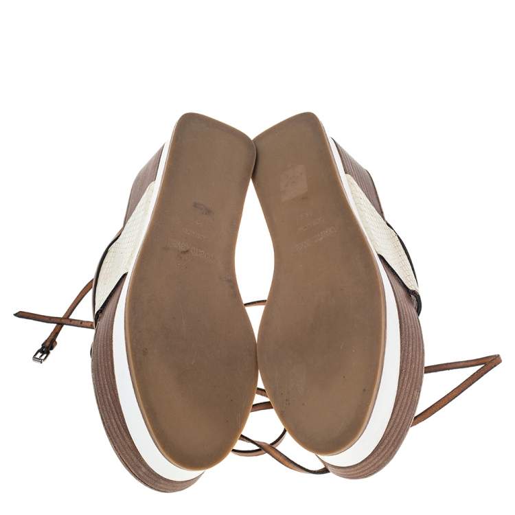 Pre Owned Roberto Cavalli Cream Python Wedge Platform Ankle Wrap Sandals Size 38.5
