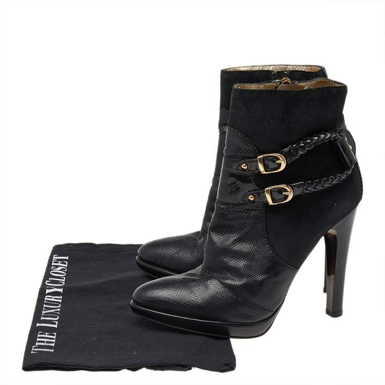 Pre Owned Roberto Cavalli Black Suede And Snake Skin Ankle Length Boots Size 37