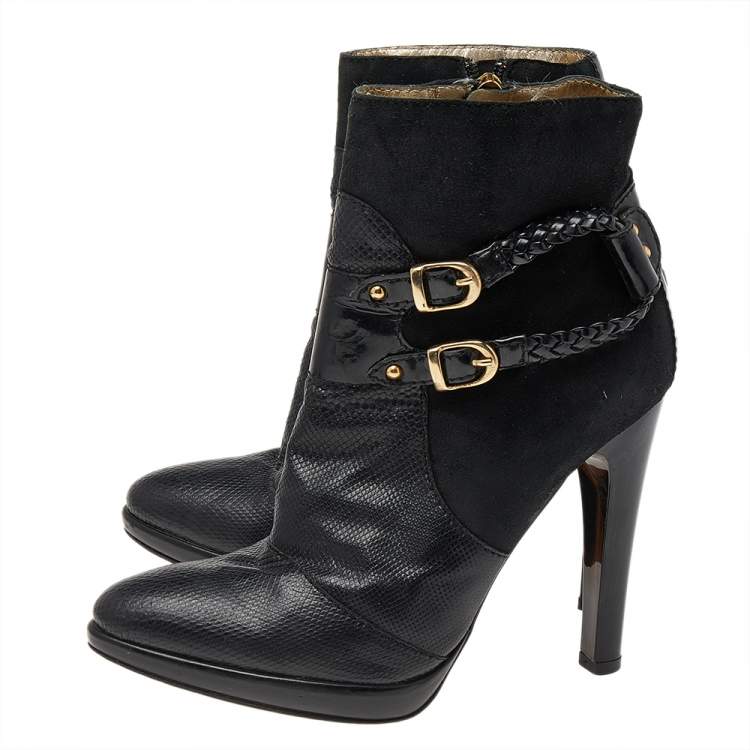 Pre Owned Roberto Cavalli Black Suede And Snake Skin Ankle Length Boots Size 37
