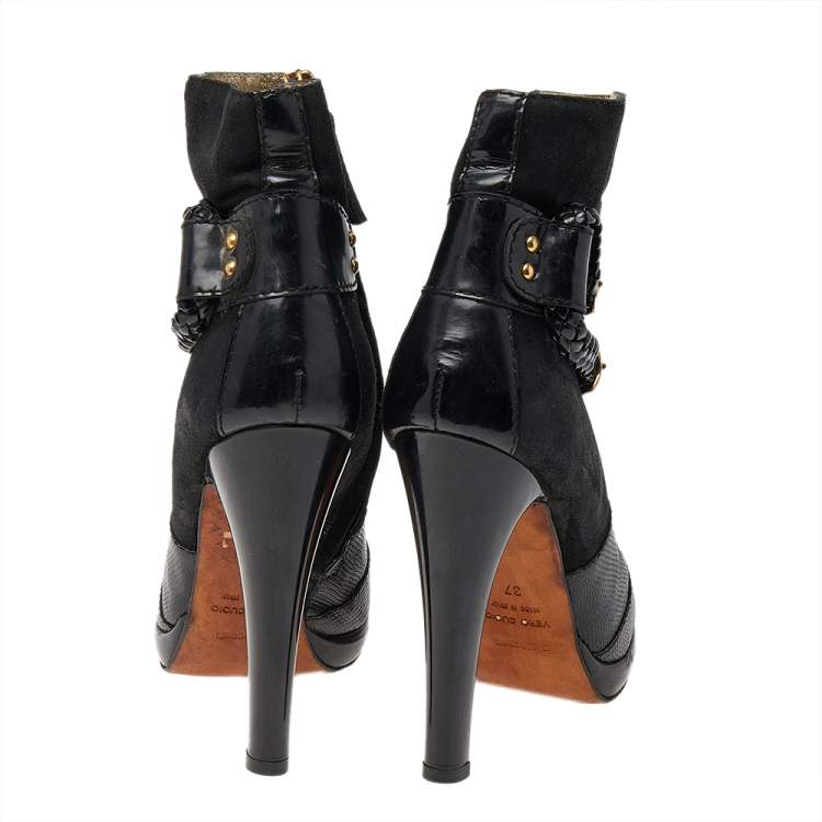 Pre Owned Roberto Cavalli Black Suede And Snake Skin Ankle Length Boots Size 37