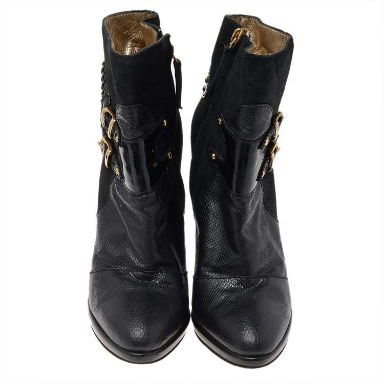 Pre Owned Roberto Cavalli Black Suede And Snake Skin Ankle Length Boots Size 37