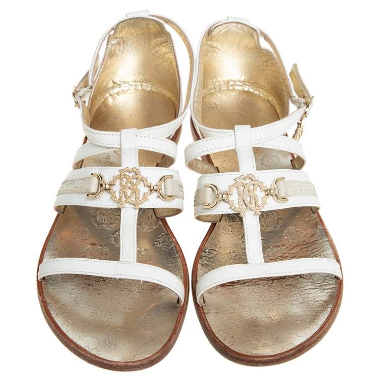 Pre Owned Roberto Cavalli White Leather Open Toe Embellished Flats Size 38