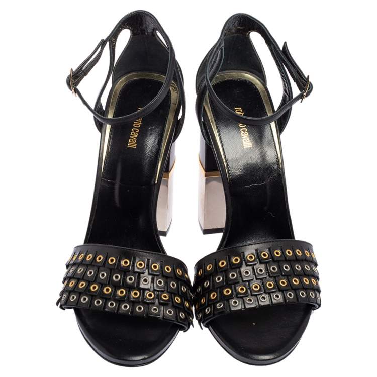 Pre Owned Roberto Cavalli  Black Leather Fringe Eyelet  Sandals Size 38