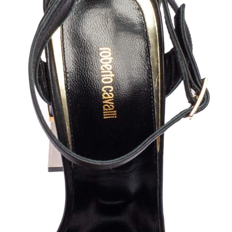 Pre Owned Roberto Cavalli  Black Leather Fringe Eyelet  Sandals Size 38