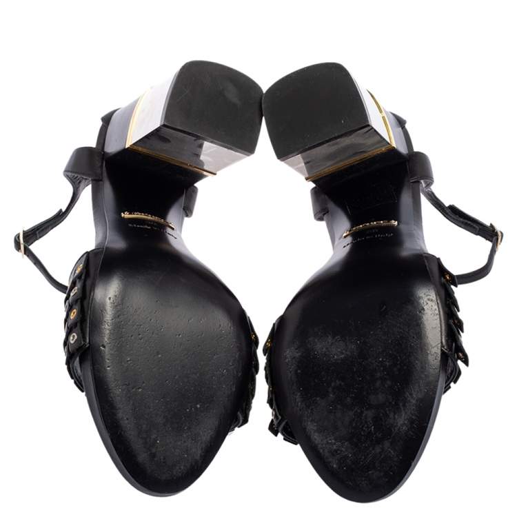 Pre Owned Roberto Cavalli  Black Leather Fringe Eyelet  Sandals Size 38
