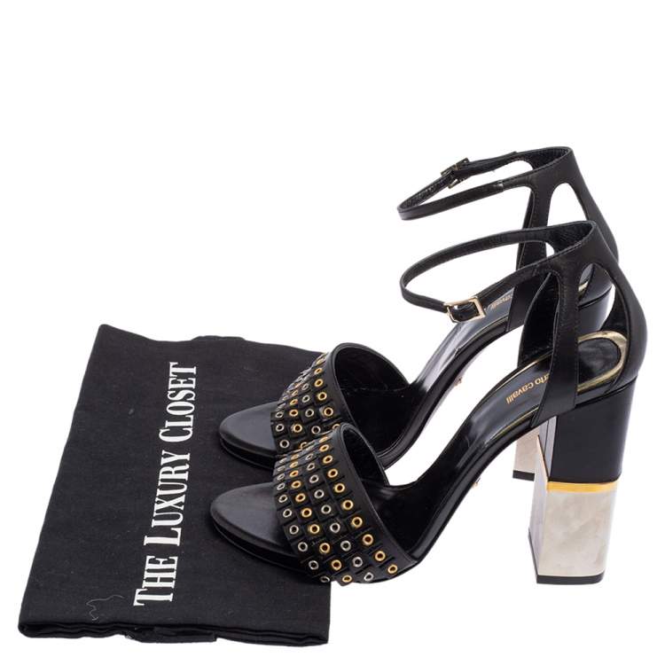 Pre Owned Roberto Cavalli  Black Leather Fringe Eyelet  Sandals Size 38