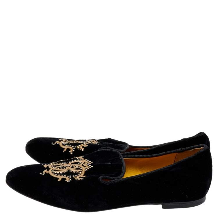 Pre Owned Roberto Cavalli Black Velvet Embellished Slip on Loafers Size 39