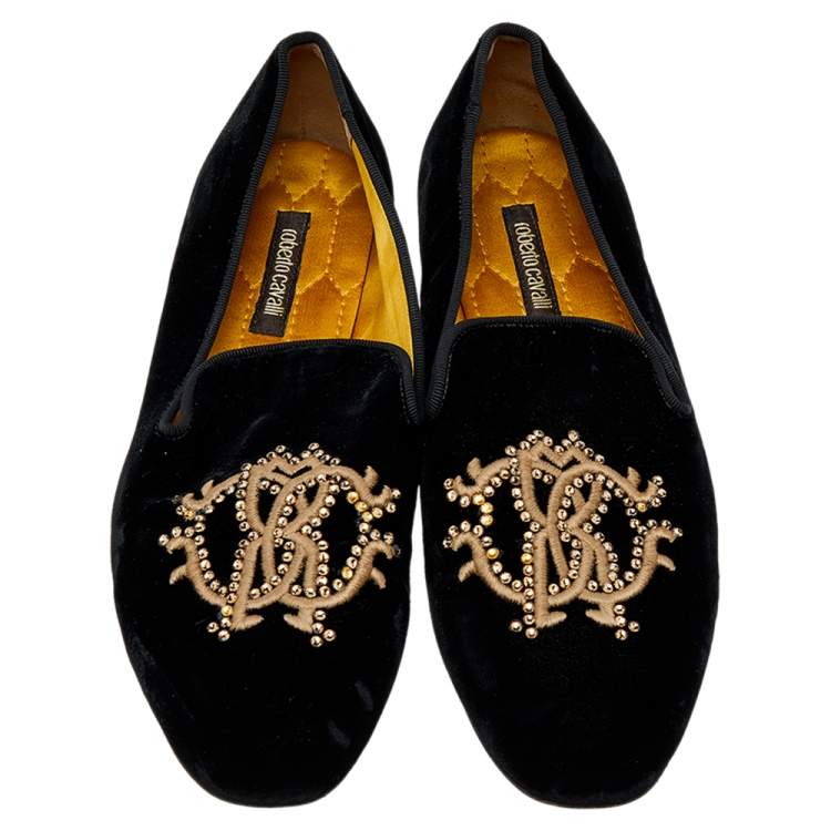 Pre Owned Roberto Cavalli Black Velvet Embellished Slip on Loafers Size 39