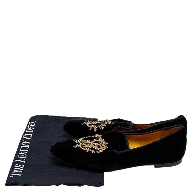 Pre Owned Roberto Cavalli Black Velvet Embellished Slip on Loafers Size 39