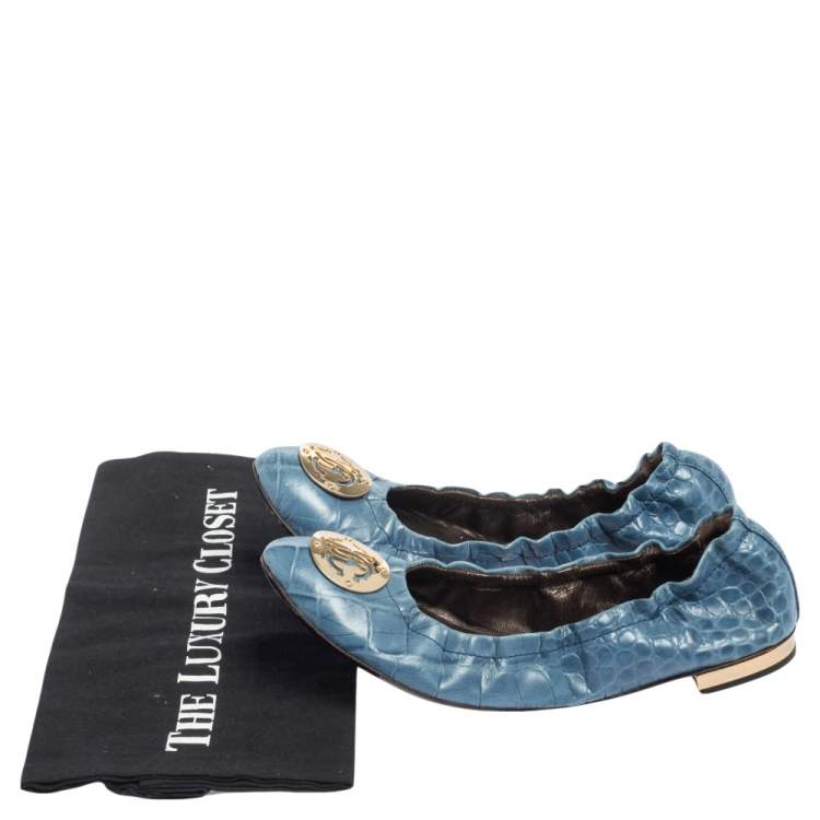 Pre Owned Roberto Cavalli Blue Croc Embossed Leather Scrunch Ballet Flats Size 37.5