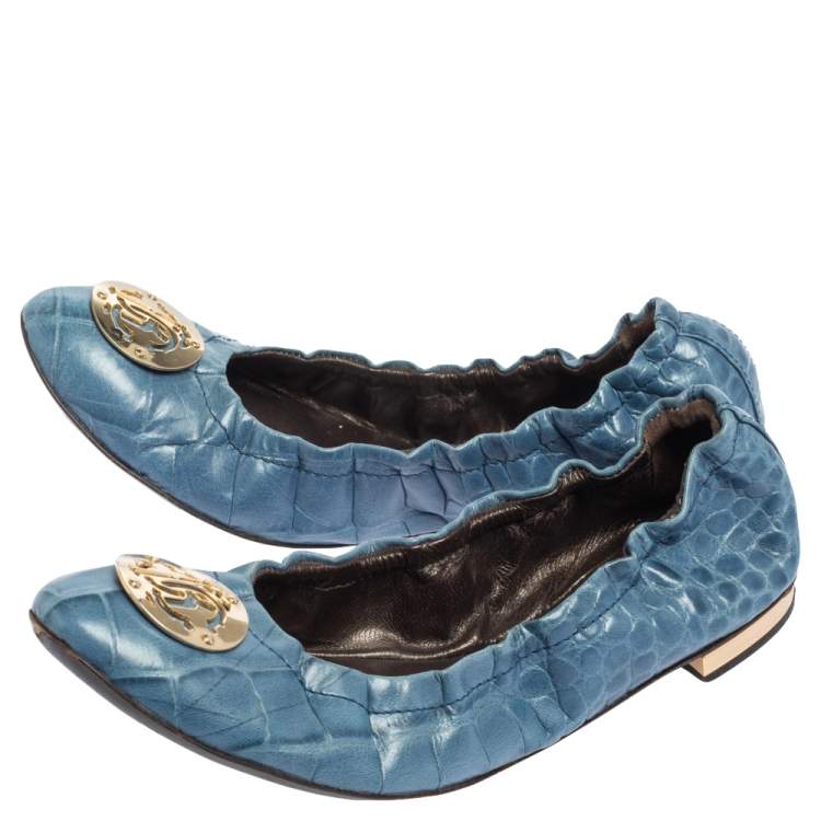 Pre Owned Roberto Cavalli Blue Croc Embossed Leather Scrunch Ballet Flats Size 37.5