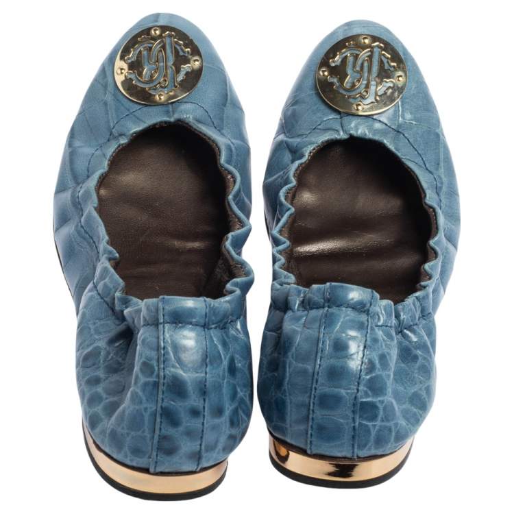Pre Owned Roberto Cavalli Blue Croc Embossed Leather Scrunch Ballet Flats Size 37.5