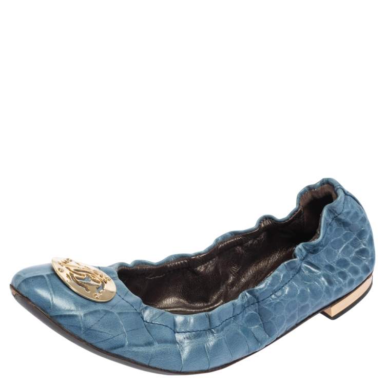 Pre Owned Roberto Cavalli Blue Croc Embossed Leather Scrunch Ballet Flats Size 37.5