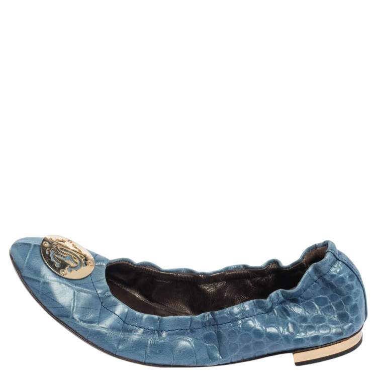 Pre Owned Roberto Cavalli Blue Croc Embossed Leather Scrunch Ballet Flats Size 37.5