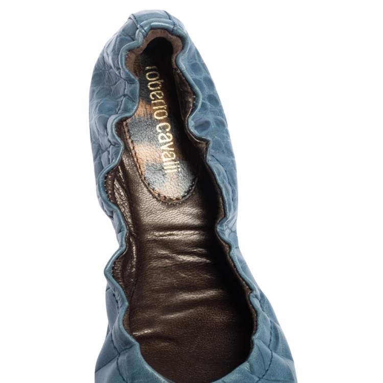 Pre Owned Roberto Cavalli Blue Croc Embossed Leather Scrunch Ballet Flats Size 37.5
