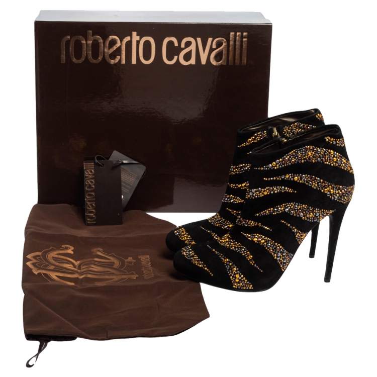 Pre Owned Roberto Cavalli Black Suede Studded Embellished Ankle Boots Size 40