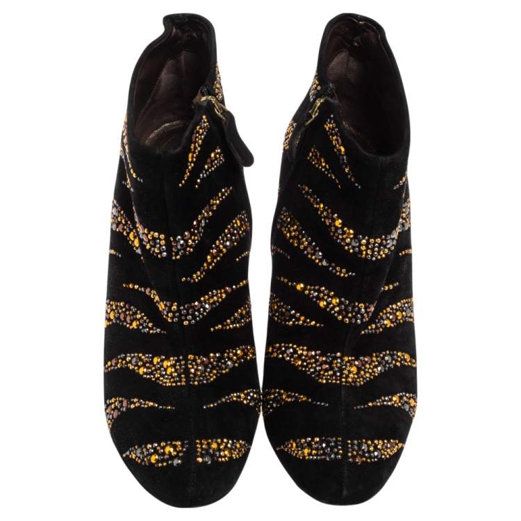 Pre Owned Roberto Cavalli Black Suede Studded Embellished Ankle Boots Size 40
