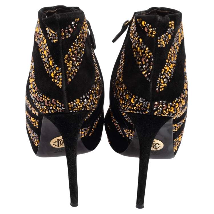 Pre Owned Roberto Cavalli Black Suede Studded Embellished Ankle Boots Size 40