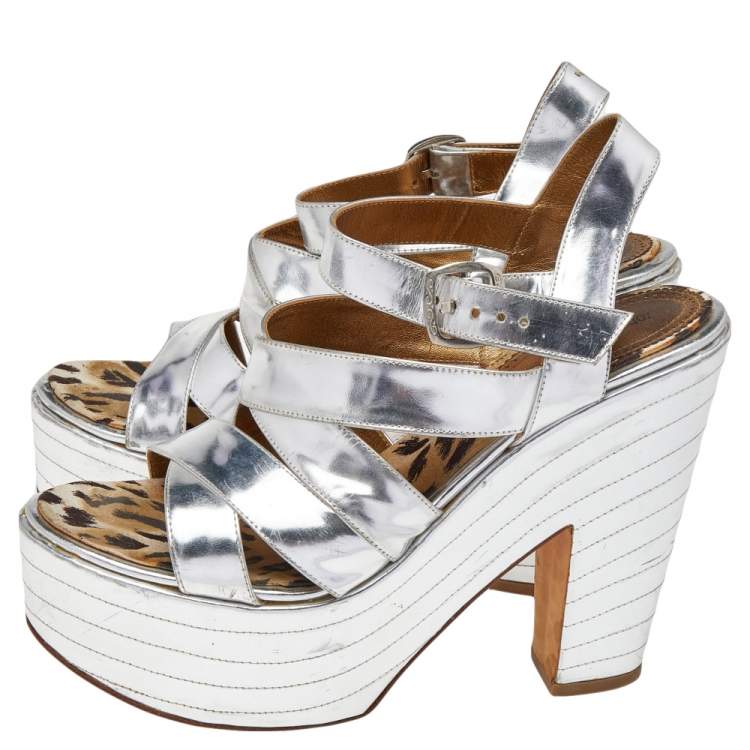 Pre Owned Roberto Cavalli Silver Leather Platform Ankle Strap Sandals Size 39