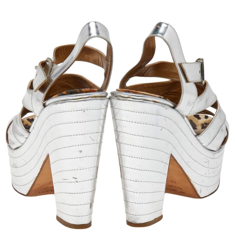 Pre Owned Roberto Cavalli Silver Leather Platform Ankle Strap Sandals Size 39