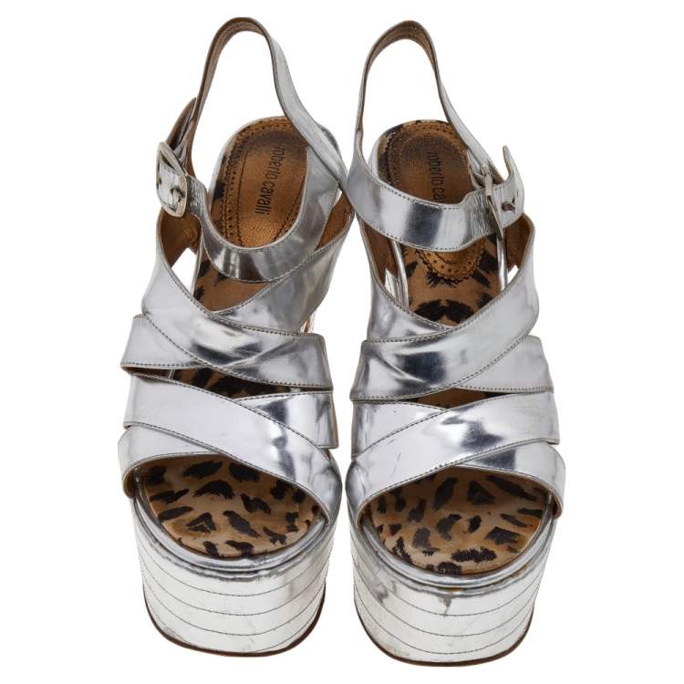 Pre Owned Roberto Cavalli Silver Leather Platform Ankle Strap Sandals Size 39
