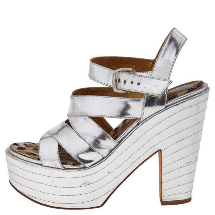 Pre Owned Roberto Cavalli Silver Leather Platform Ankle Strap Sandals Size 39
