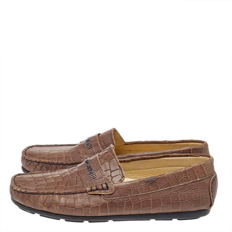 Pre Owned Roberto Cavalli Brown Croc Embossed Leather Slip On Loafers Size 40
