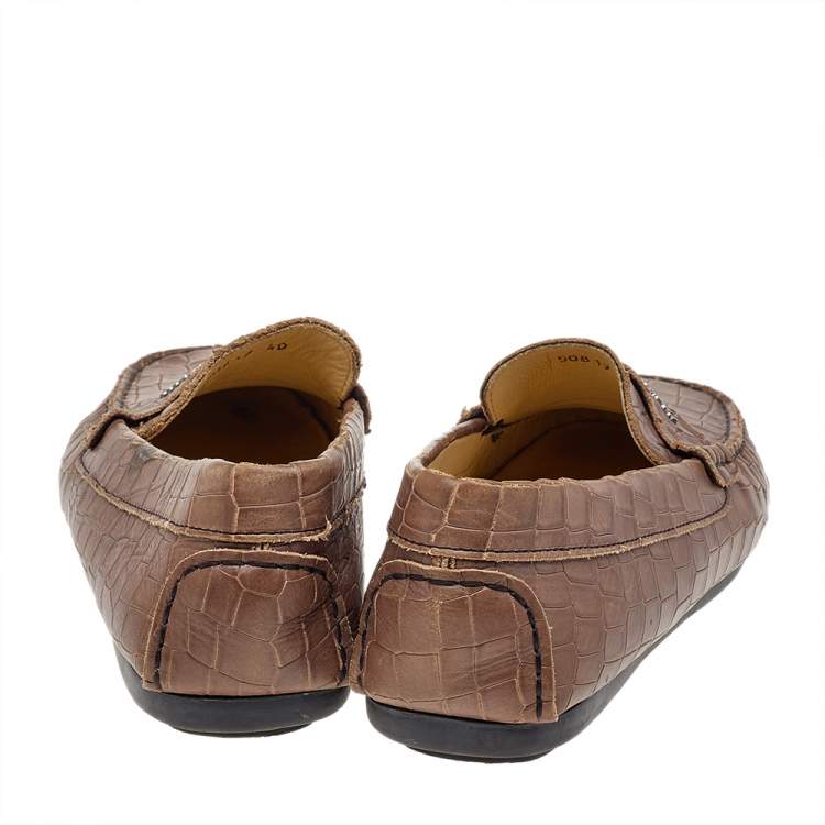 Pre Owned Roberto Cavalli Brown Croc Embossed Leather Slip On Loafers Size 40