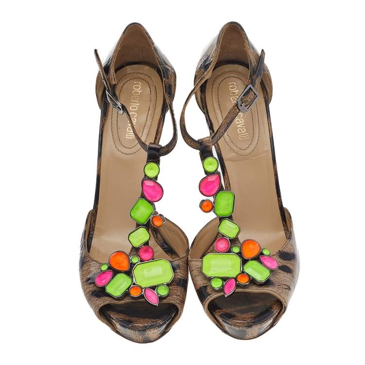 Pre Owned Roberto Cavalli Brown Leopard Print Leather Embellished Sandals Size 37.5
