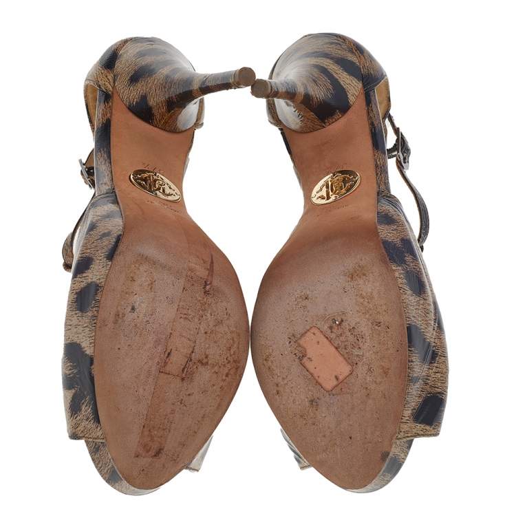Pre Owned Roberto Cavalli Brown Leopard Print Leather Embellished Sandals Size 37.5
